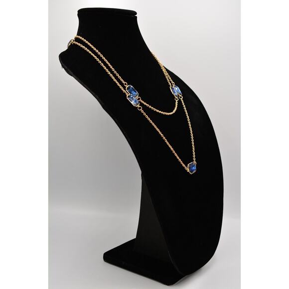 Blue Crystal Necklace Statement Chunky Brushed Gold Tone Chain Rhinestone Bin3B - Picture 3 of 12